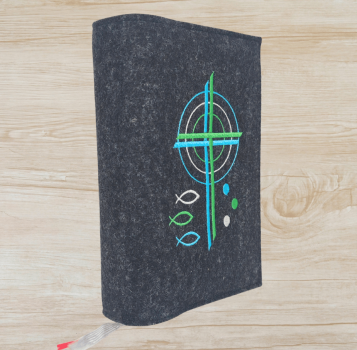 Gotteslobhülle in  anthrazit meliert, Kreuze, Kreise, Fische