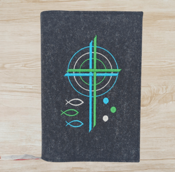 Gotteslobhülle in  anthrazit meliert, Kreuze, Kreise, Fische