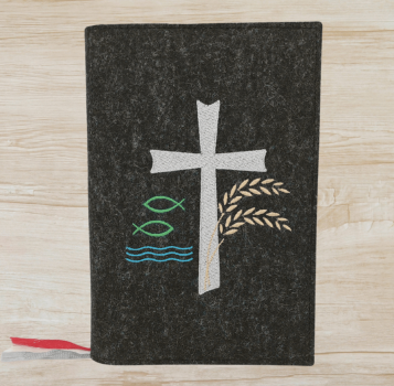 Gotteslobhülle in anthrazit meliert, Kreuz, Fische, Weizen