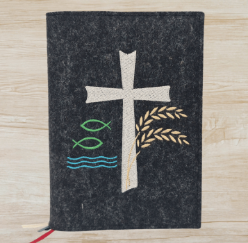 Wosadnikhülle in anthrazit meliert, Kreuz, Fische, Weizen