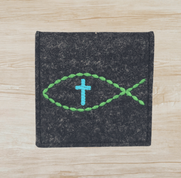 Rosenkranztasche in Anthrazit meliert, Fisch, Kreuz