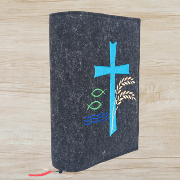 Wosadnikhülle in anthrazit meliert, Kreuz, Weizen, Fisch