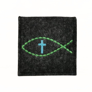 Rosenkranztasche Anthrazit meliert, Fisch, Kreuz