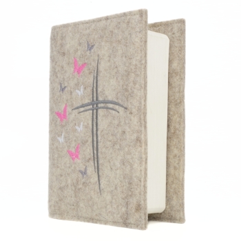 Wosadnikhülle, Gotteslobhülle in Beige meliert, Kreuze, Schmetterlinge