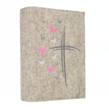 Wosadnikhülle, Gotteslobhülle in Beige meliert, Kreuze, Schmetterlinge