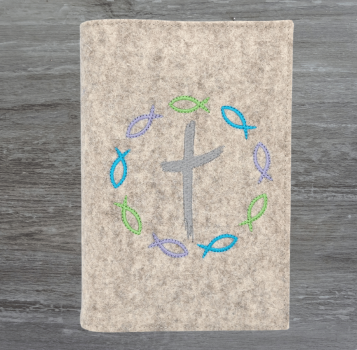 Gotteslobhülle in beige meliert, Kreuz, Fische