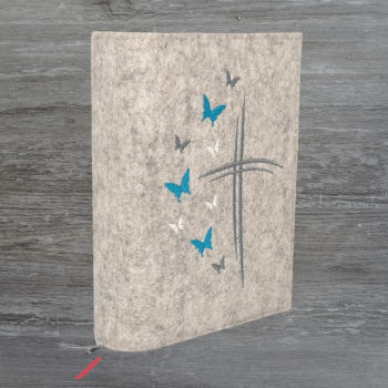 Wosadnikhülle in beige meliert, Kreuze, Schmetterlinge