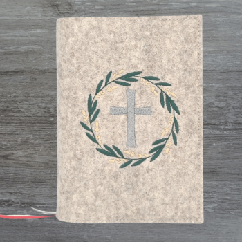 Wosadnikhülle in beige meliert, Kreuz, Blätterkranz