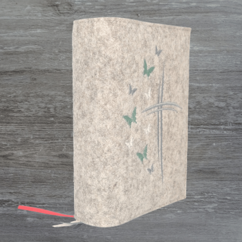 Wosadnikhülle in beige meliert, Kreuze, Schmetterlinge