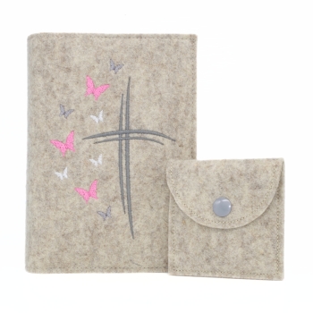 Wosadnikhülle, Gotteslobhülle in Beige meliert, Kreuze, Schmetterlinge