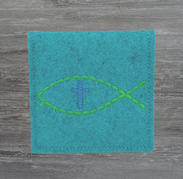 Rosenkranztasche in lagune meliert, Fisch, Kreuz