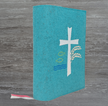 Gotteslobhülle in lagune meliert, Kreuz, Weizen, Fisch