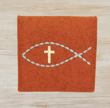 Rosenkranztasche in Rost meliert, Fisch, Kreuz