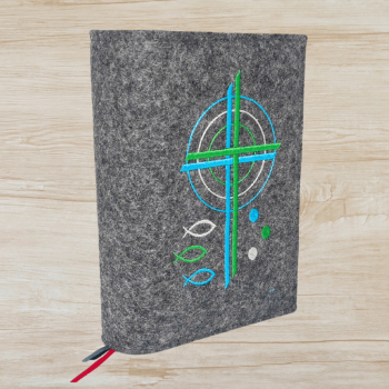 Wosadnikhülle in dunkelgrau meliert, Kreuze, Kreise, Fische