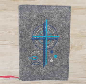 Gotteslobhülle in Dunkelgrau, Kreuze, Kreise, Fische, Punkte