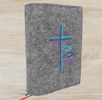 Wosadnikhülle in Dunkelgrau meliert, Kreuze, Fische