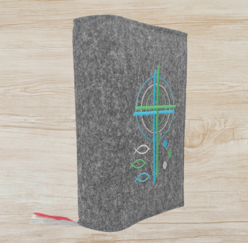 Gotteslobhülle in dunkelgrau meliert, Kreuze, Kreise, Fische, Punkte