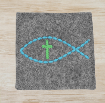 Rosenkranztasche in Dunkelgrau meliert, Fisch, Kreuz