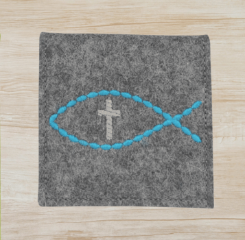 Rosenkranztasche in Dunkelgrau meliert, Fisch, Kreuz