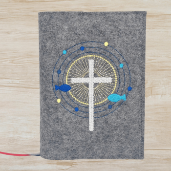 Wosadnikhülle in dunkelgrau meliert, Fische, Punkte, Kreise, Kreuz