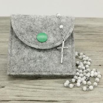 Rosenkranztasche Hellgrau meliert, Fisch, Kreuz