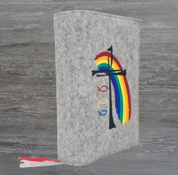 Gotteslobhülle in hellgrau meliert, Kreuz, Regenbogen, Fische