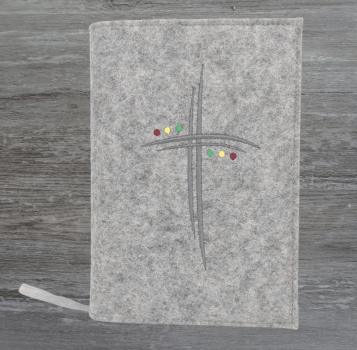 Gotteslobhülle in hellgrau meliert, Kreuze, Kreise, Punkte