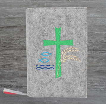 Gotteslobhülle in hellgrau meliert, Kreuz, Fische, Weizen