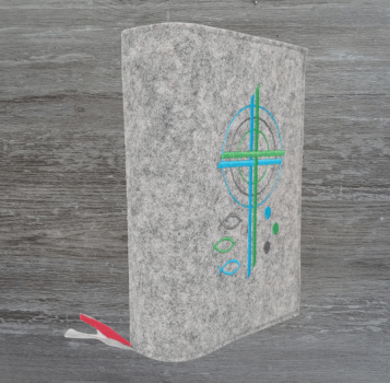 Gotteslobhülle in hellgrau meliert, Kreuze, Kreise, Fische, Punkte