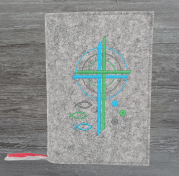 Gotteslobhülle in hellgrau meliert, Kreuze, Kreise, Fische, Punkte