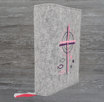 Gotteslobhülle in hellgrau meliert, Kreuze, Kreise, Fische, Punkte