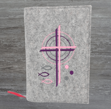 Gotteslobhülle in hellgrau meliert, Kreuze, Kreise, Fische, Punkte