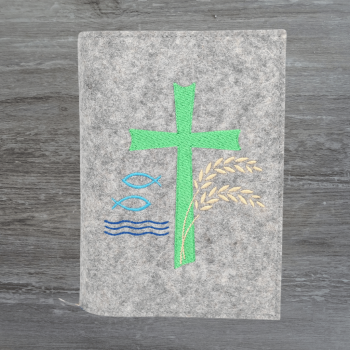 Wosadnikhülle in hellgrau meliert, Kreuz, Fische, Weizen