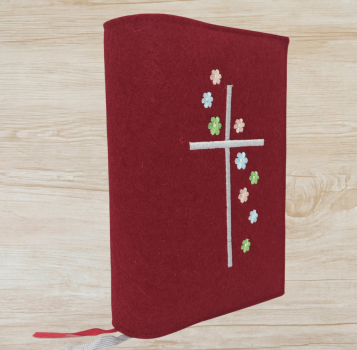 Gotteslobhülle in Kirsch meliert, Kreuz, Blümchen