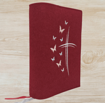 Gotteslobhülle in Kirsch meliert, Kreuze, Schmetterlinge