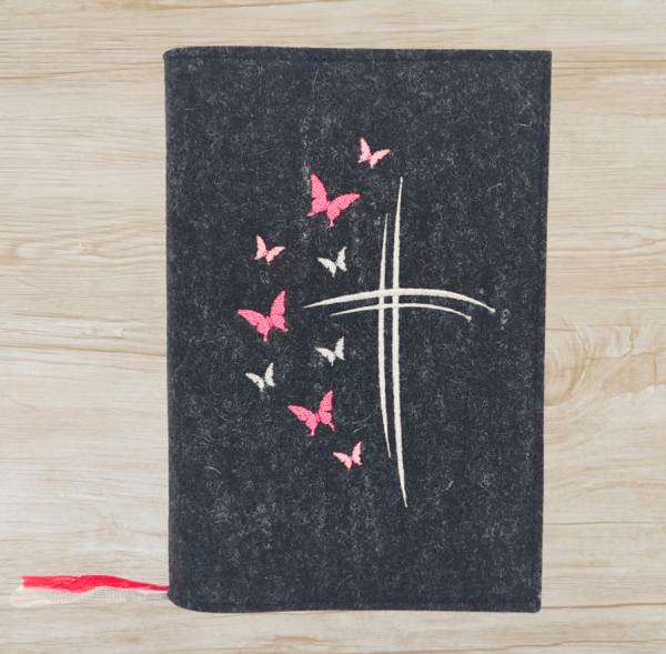 Gotteslobhülle in  anthrazit meliert, Kreuze, Schmetterlinge