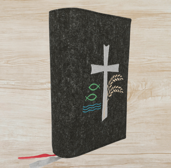 Gotteslobhülle in anthrazit meliert, Kreuz, Fische, Weizen