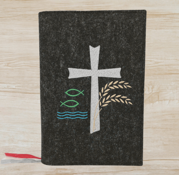 Gotteslobhülle in anthrazit meliert, Kreuz, Fische, Weizen