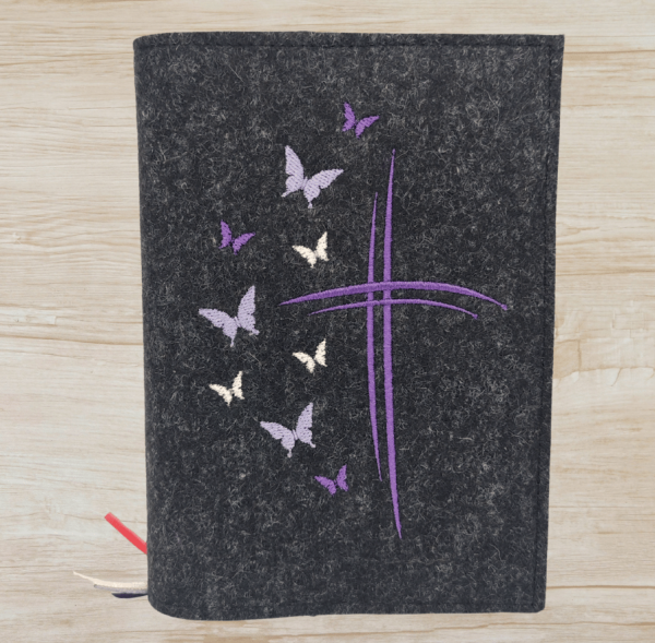 Wosadnikhülle in anthrazit meliert, Kreuze, Schmetterlinge