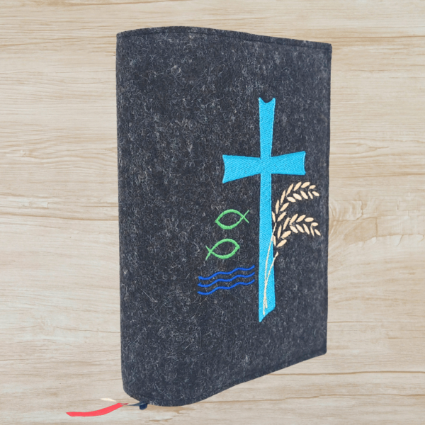 Wosadnikhülle in anthrazit meliert, Kreuz, Weizen, Fisch