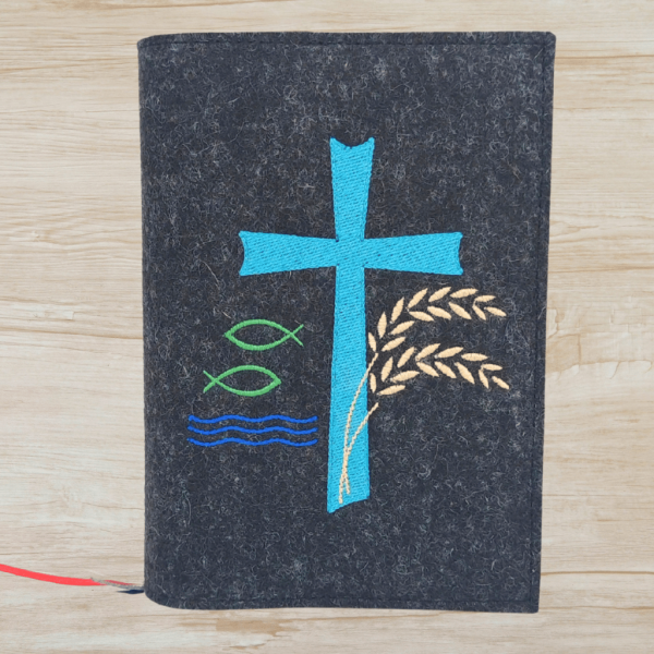 Wosadnikhülle in anthrazit meliert, Kreuz, Weizen, Fisch