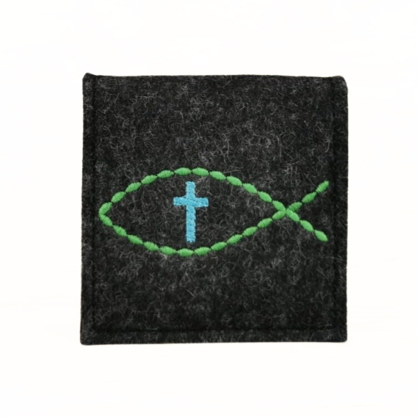 Rosenkranztasche Anthrazit meliert, Fisch, Kreuz