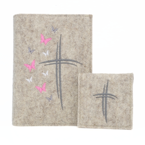 Wosadnikhülle, Gotteslobhülle in Beige meliert, Kreuze, Schmetterlinge