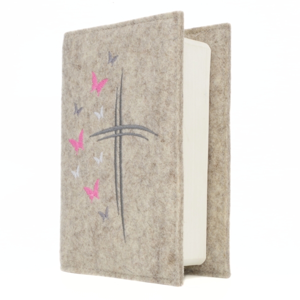 Wosadnikhülle, Gotteslobhülle in Beige meliert, Kreuze, Schmetterlinge