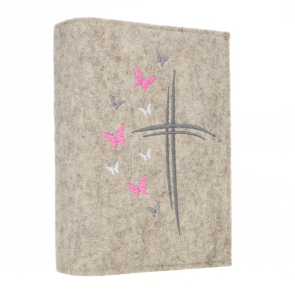 Wosadnikhülle, Gotteslobhülle in Beige meliert, Kreuze, Schmetterlinge