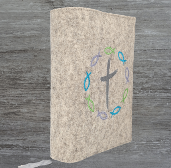 Gotteslobhülle in beige meliert, Kreuz, Fische