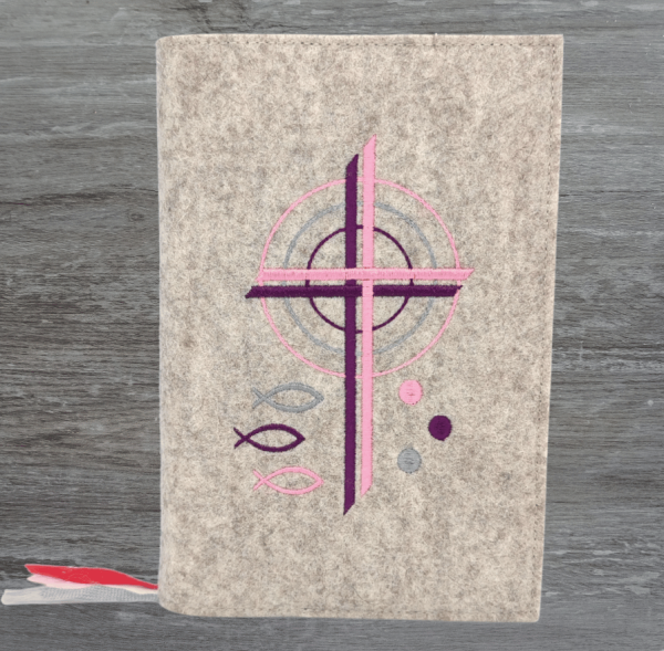 Gotteslobhülle in beige meliert, Kreuze, Kreise, Fische