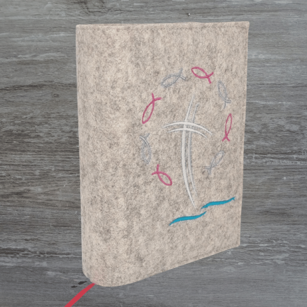 Wosadnikhülle in beige meliert, Kreuze, Fische, Wellen