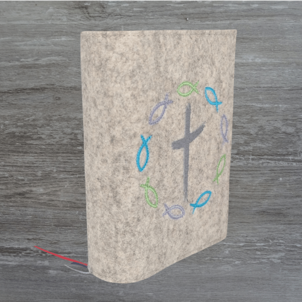 Wosadnikhülle in beige meliert, Kreuz, Fische