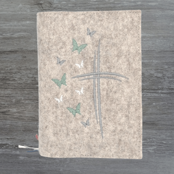 Wosadnikhülle in beige meliert, Kreuze, Schmetterlinge